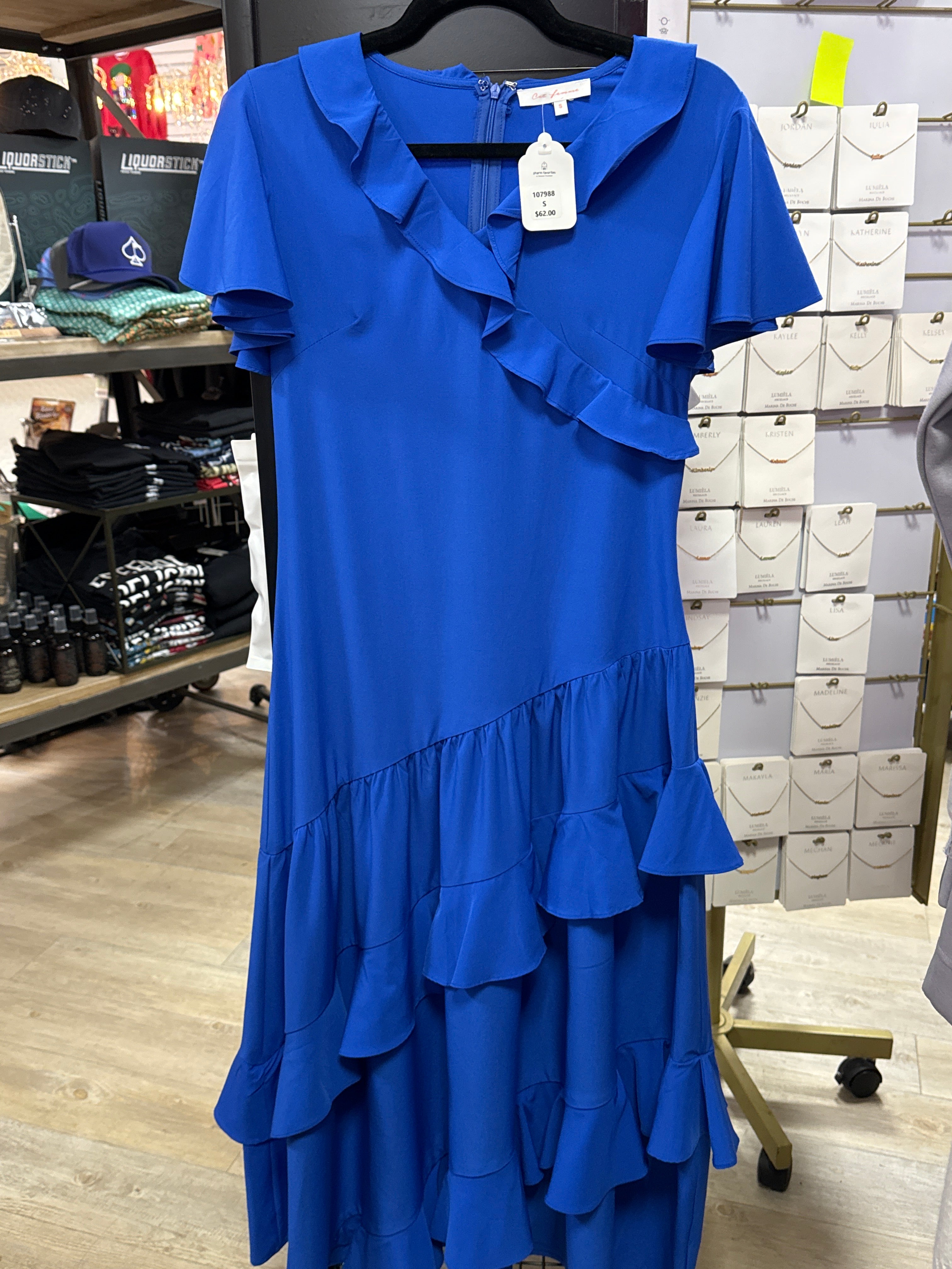 ROYAL BLUE DIAGONAL RUFFLE DRESS