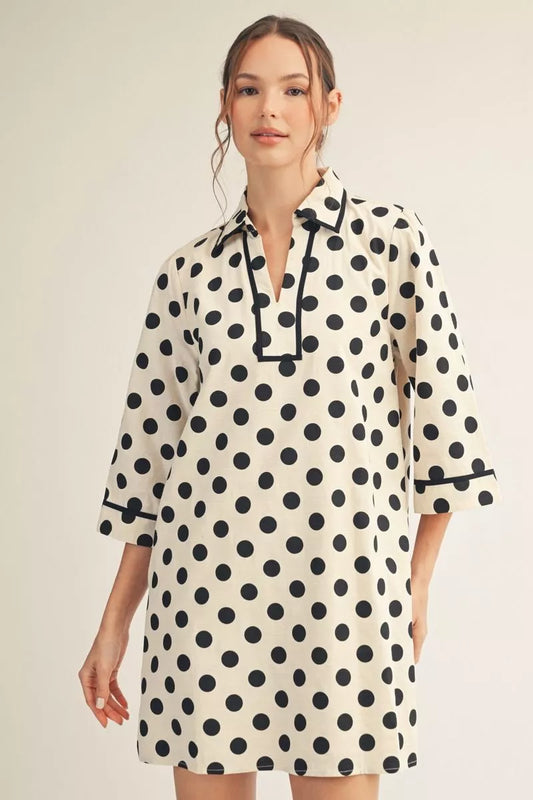 3/4 SLEEVE POLKA DOT V-NECK MINI DRESS