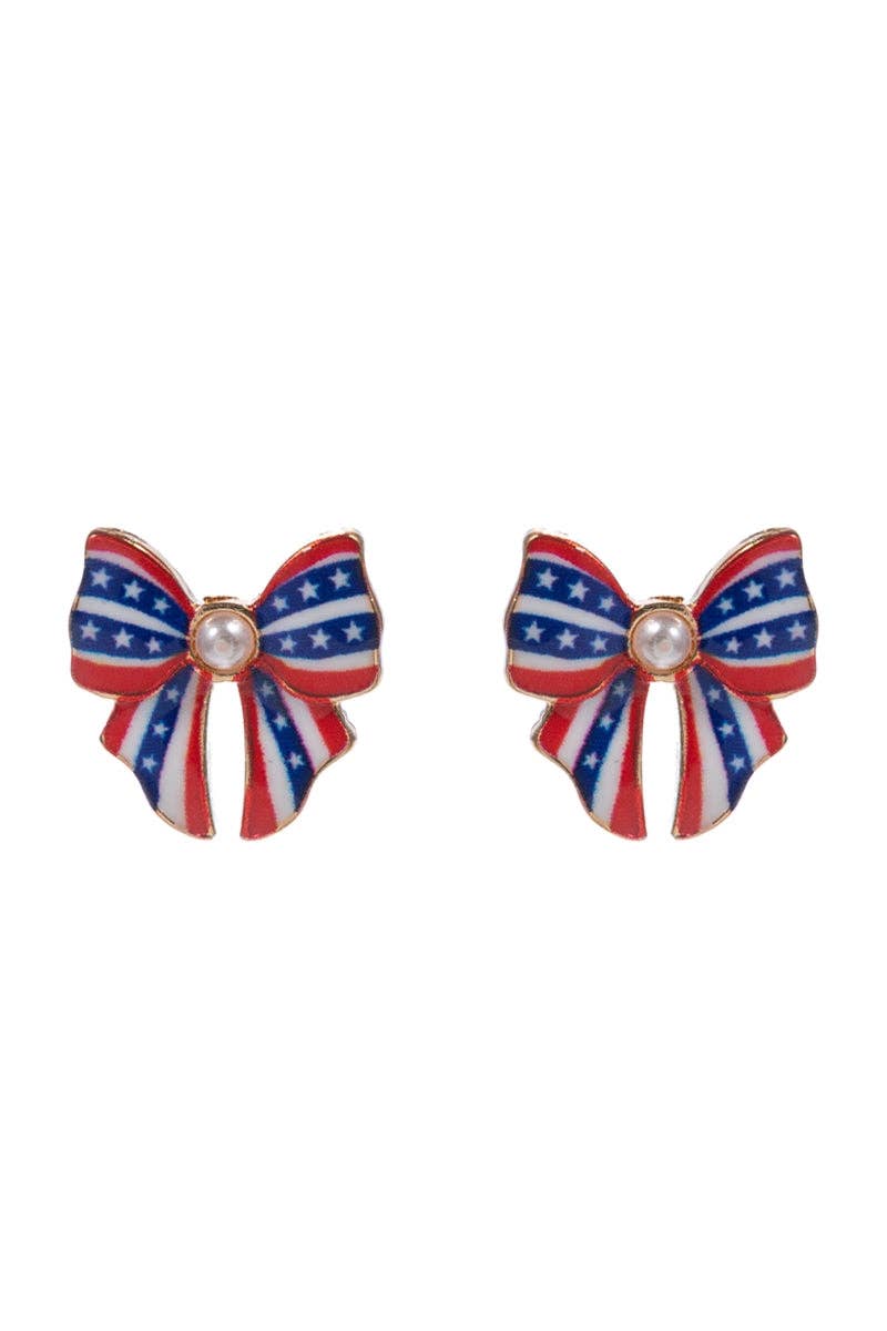 Bow Enamel American Flag Pattern Post Earrings: MUL3 / ONE