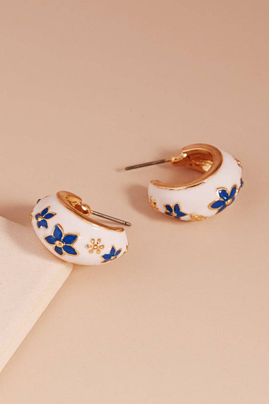 Round Enamel Hoop W Flower Pattern Hoop Earrings