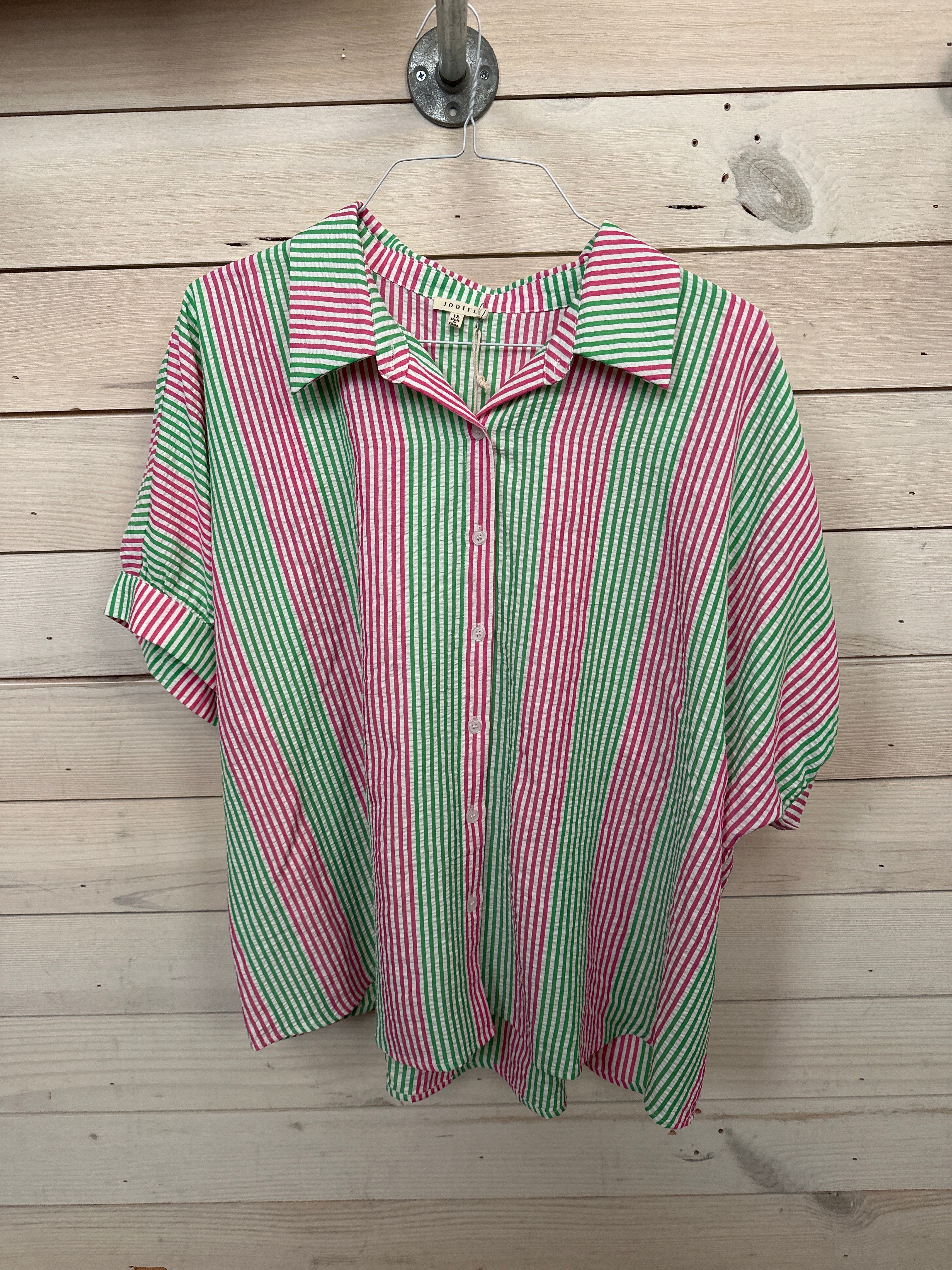 GREEN AND PINK PINSTRIPE BLOUSE
