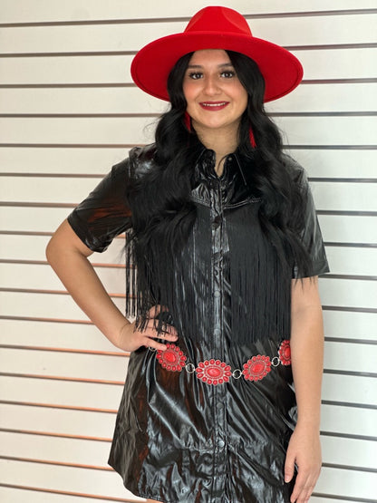 Shiny Black Pleather Button-up Dress with Fringe