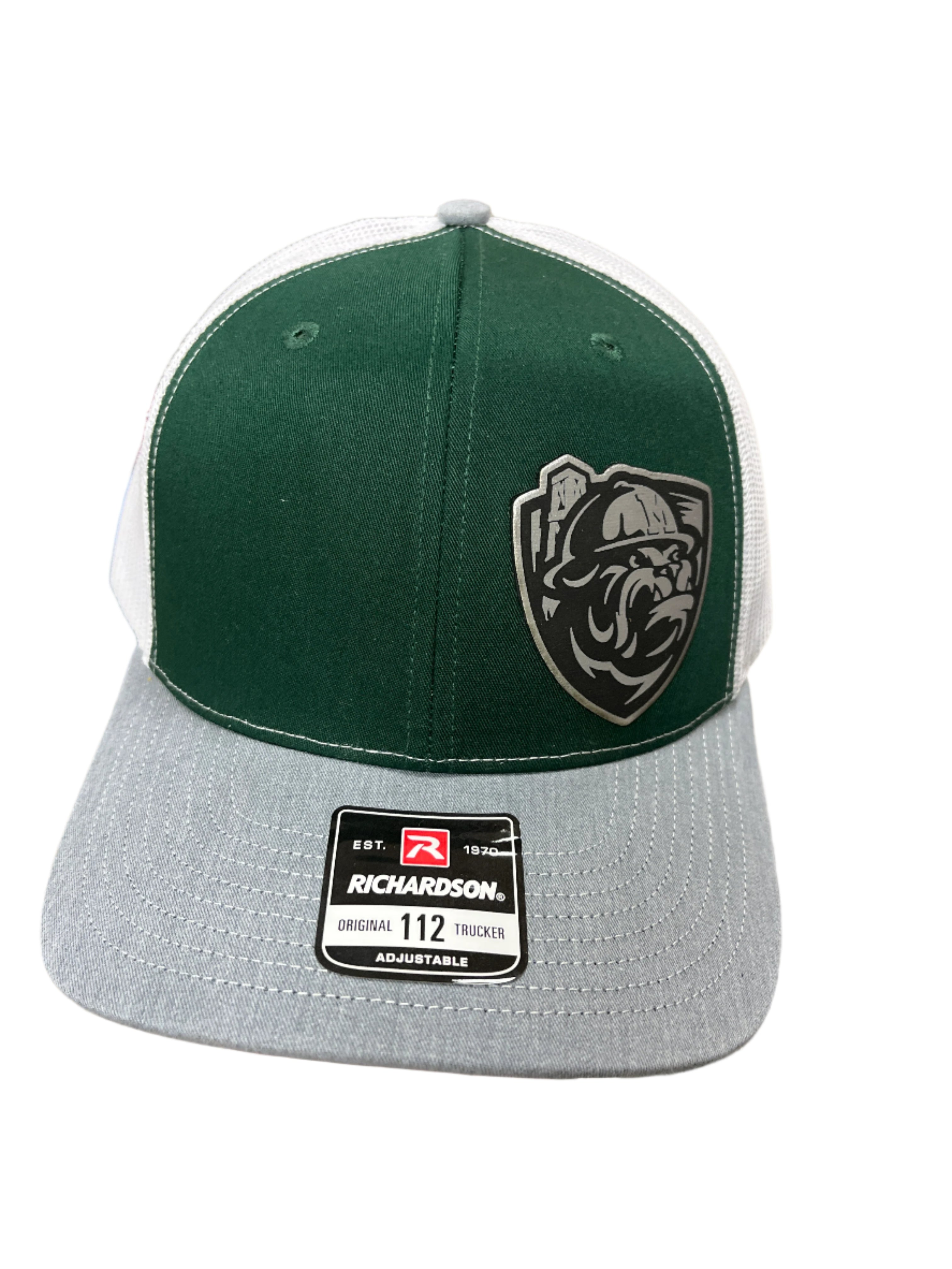 GREEN/WHITE/GREY HAT WITH OFF CENTER SILVER ROUGHERS PATCH
