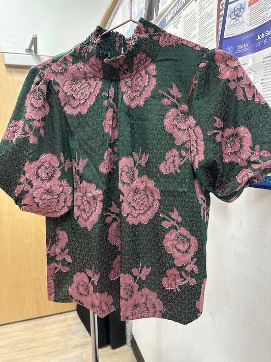HUNTER GREEN SMOCKED HIGH NECK BUBBLE SLEEVE FLORAL TOP