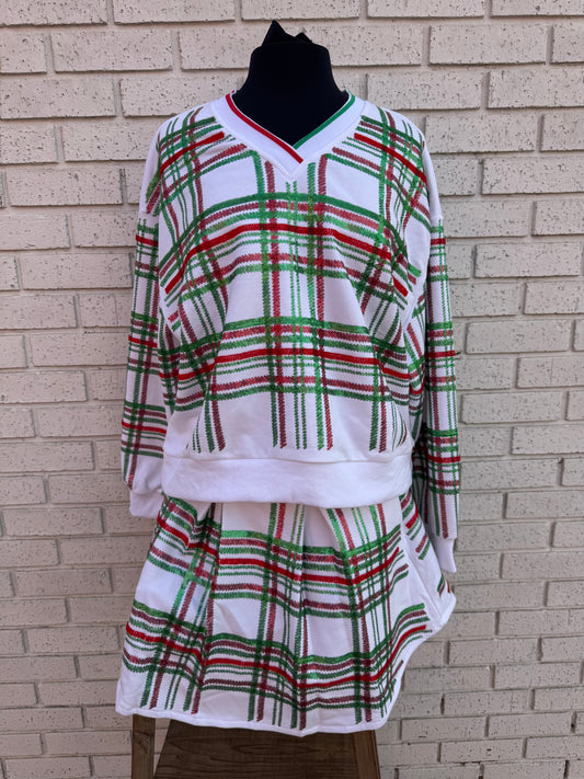 RED WHITE AND GREEN PLAID V-NECK SWEATSHIRT & SKORT SET