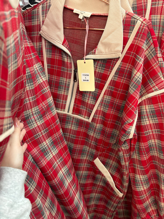 RED PLAID DRESS WITH TAN TRIM- L