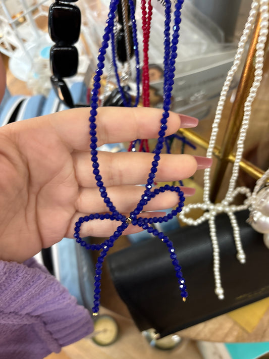 BEADED CHOKER NECKLACE W/BOW - NAVY