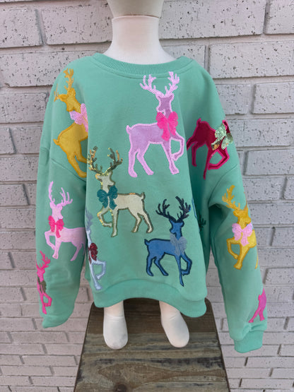 Youth Mint Green Sweatshirt with Velvet Reindeers & Bows