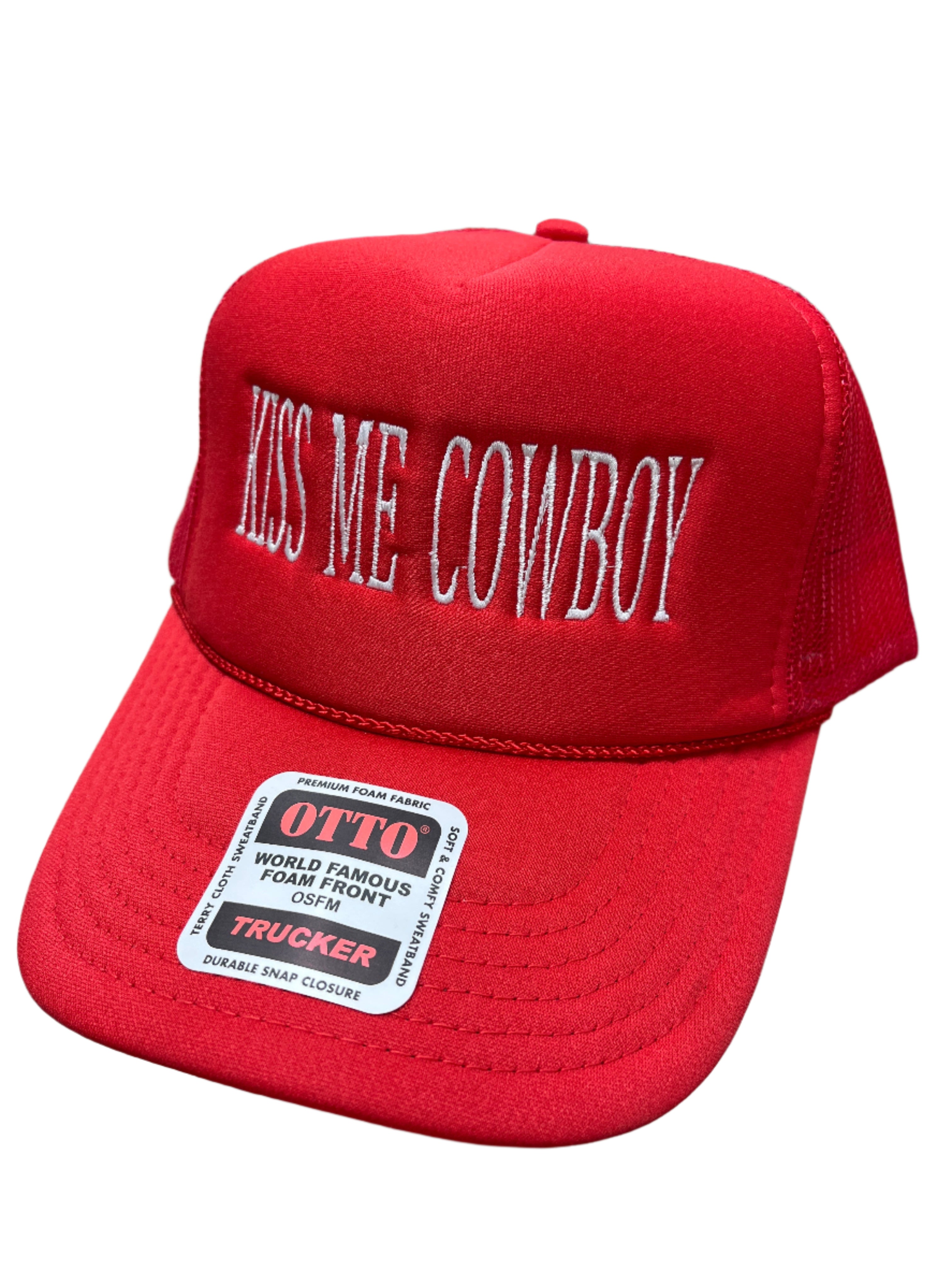 RED TRUCKER HAT - KISS ME COWBOY