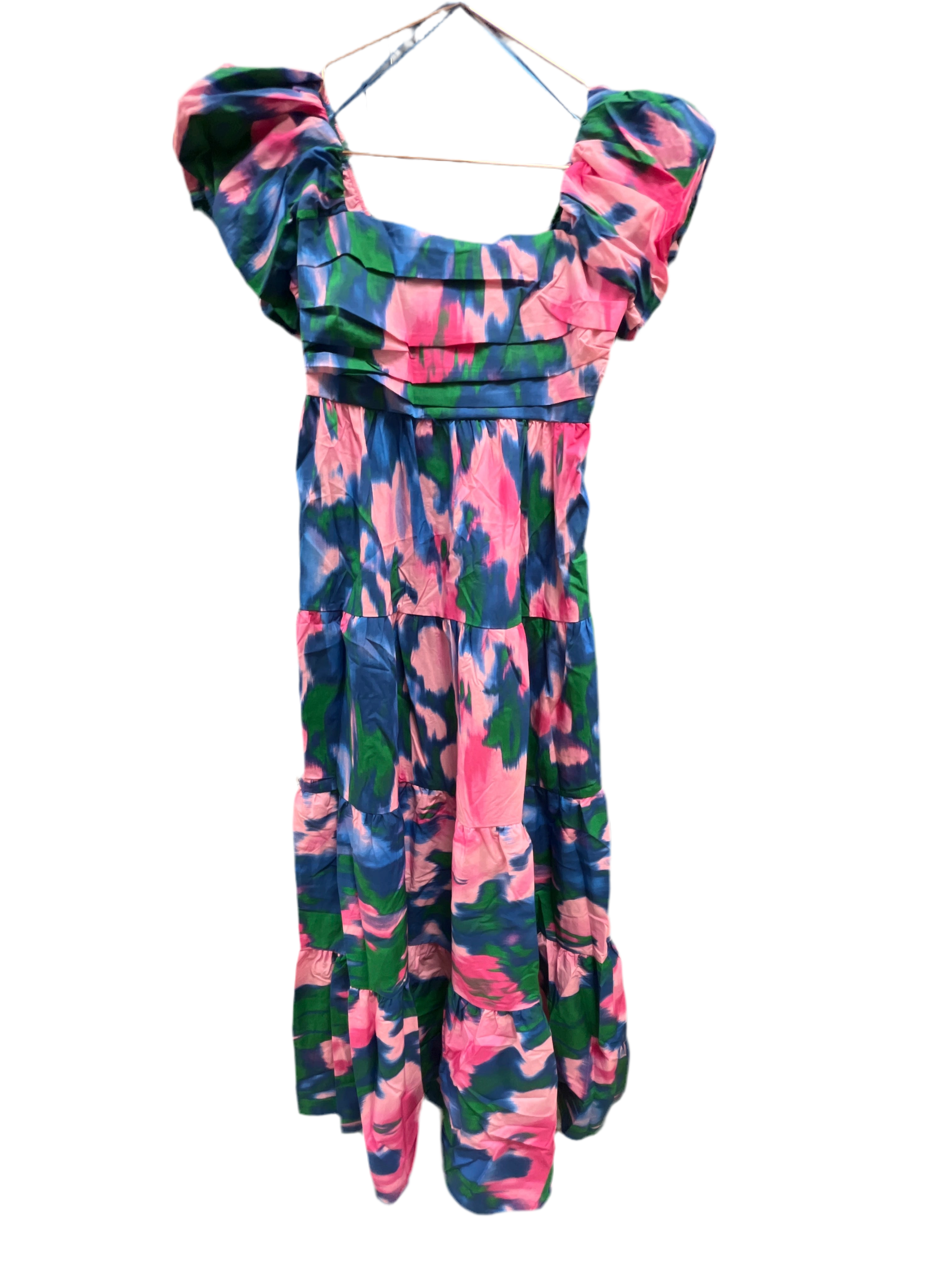 BLUE PINK & GREEN COTTON BRUSHED PRINT PLEATEED DETAIL MIDI DRESS