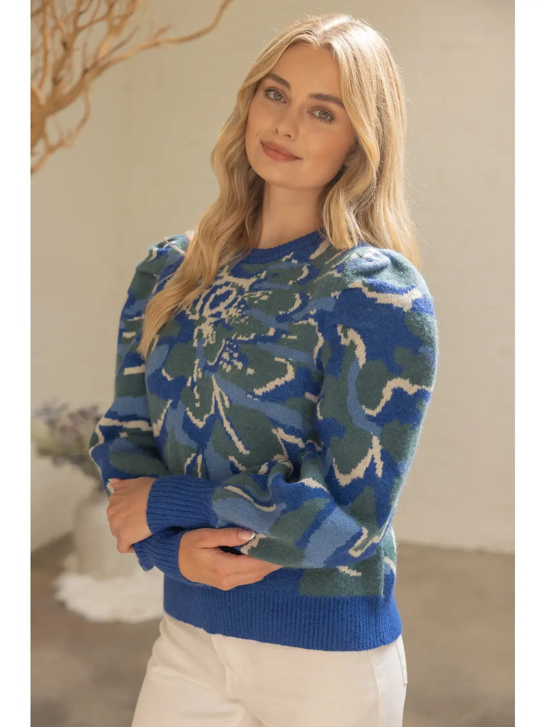 Pleated Long Puff Sleeve Floral Print Sweater Top
