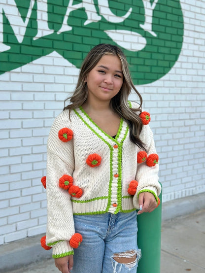 IVORY AND GREEN KNITTED PUMPKIN CARDIGAN