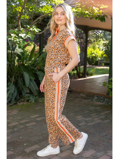 CAMEL QUARTER ZIP UP CONTRAST PIPING ANIMAL PRINT 2PC TOP & PANTS