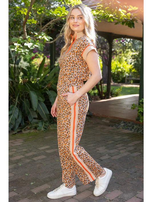 CAMEL QUARTER ZIP UP CONTRAST PIPING ANIMAL PRINT 2PC TOP & PANTS