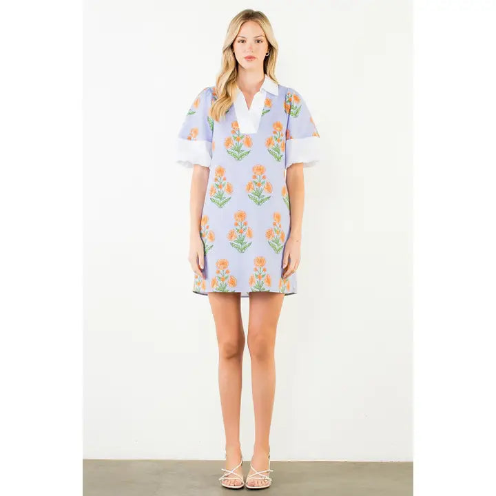 LIGHT PURPLE PUFF SLEEVE FLOWER PRINT V-NECK DRESS