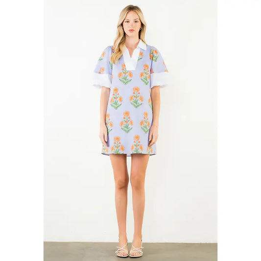 LIGHT PURPLE PUFF SLEEVE FLOWER PRINT V-NECK DRESS