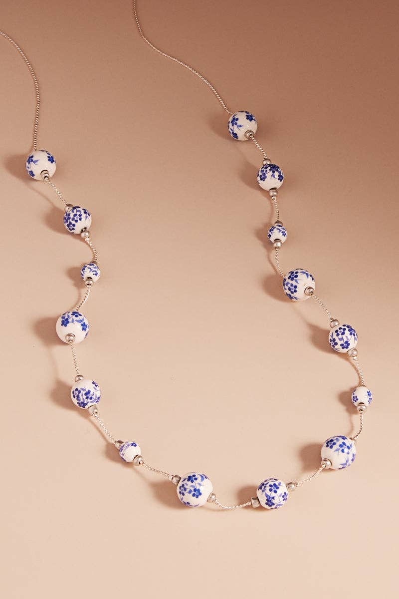 Flower Round Shape Ceramic Beaded Long Necklace