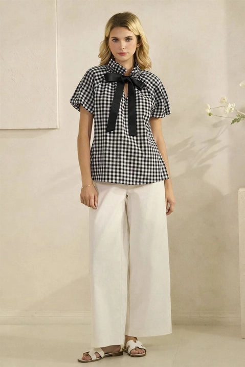 BLACK GINGHAM CHECK PUFF SLEEVE TOP WITH NECK TIE BOW