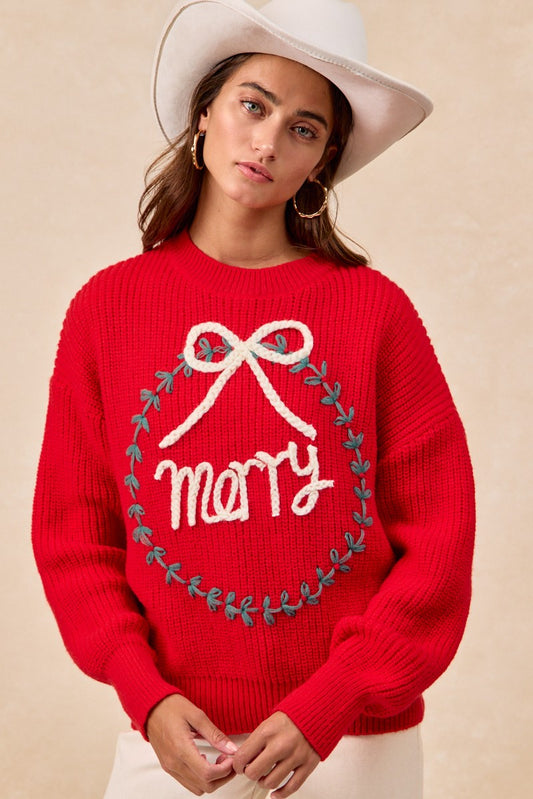 CHRISTMAS WREATH MERRY LETTER KNIT TOP