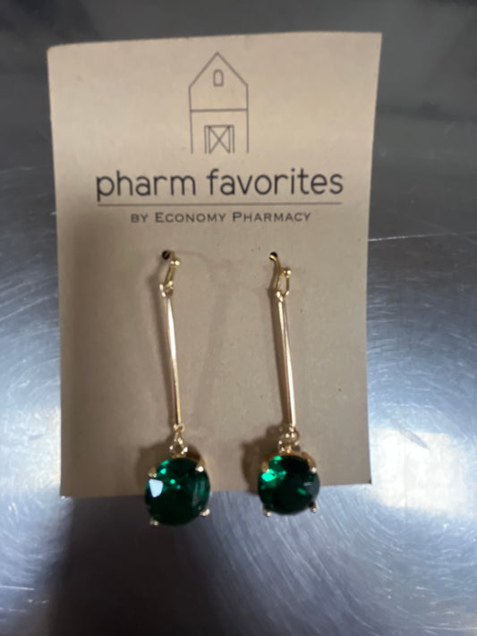 GREEN CRYSTAL STONE DROP ON GOLD BAR 1.5"