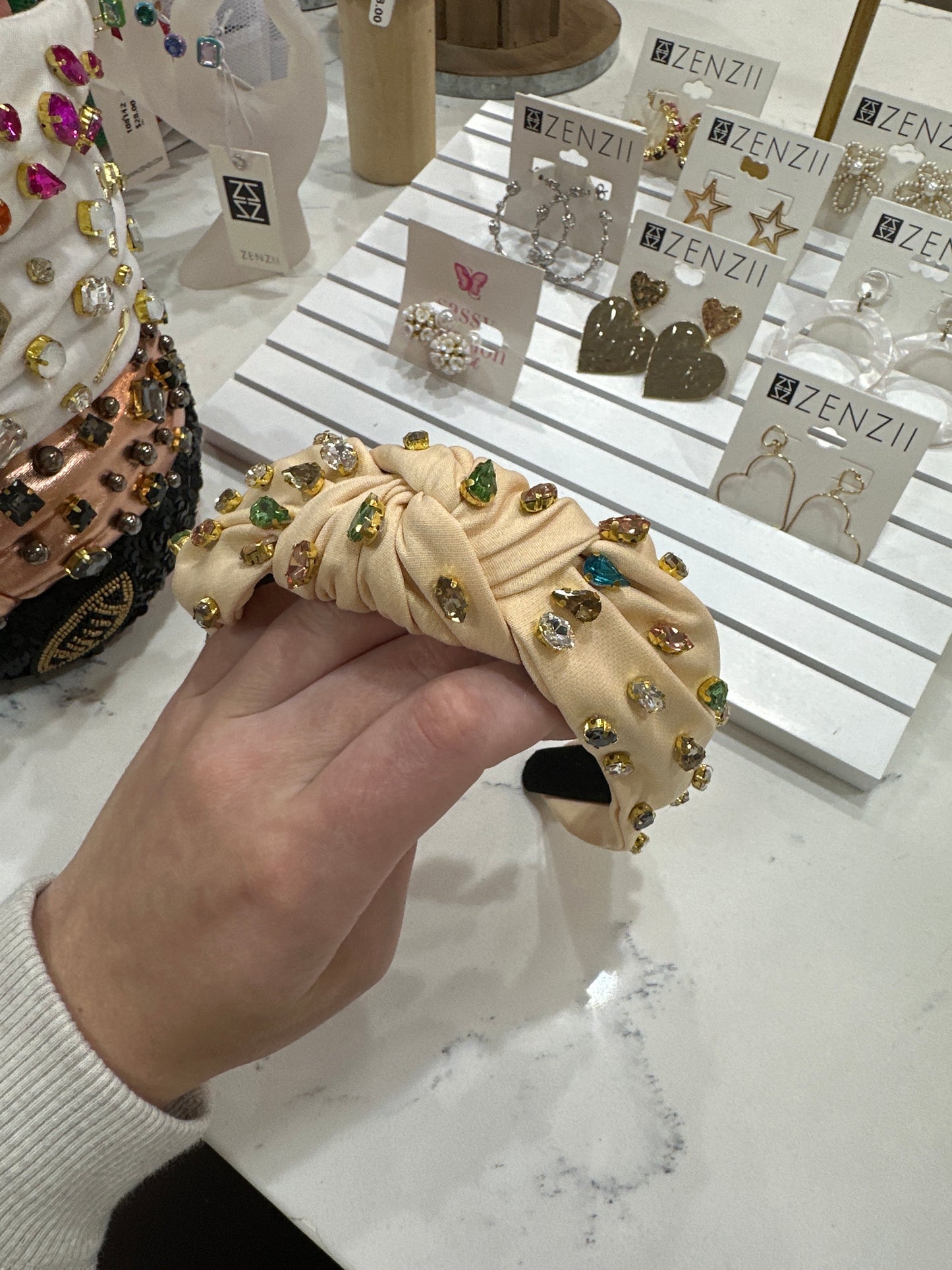 BEIGE HEADBAND W/CRYSTALS