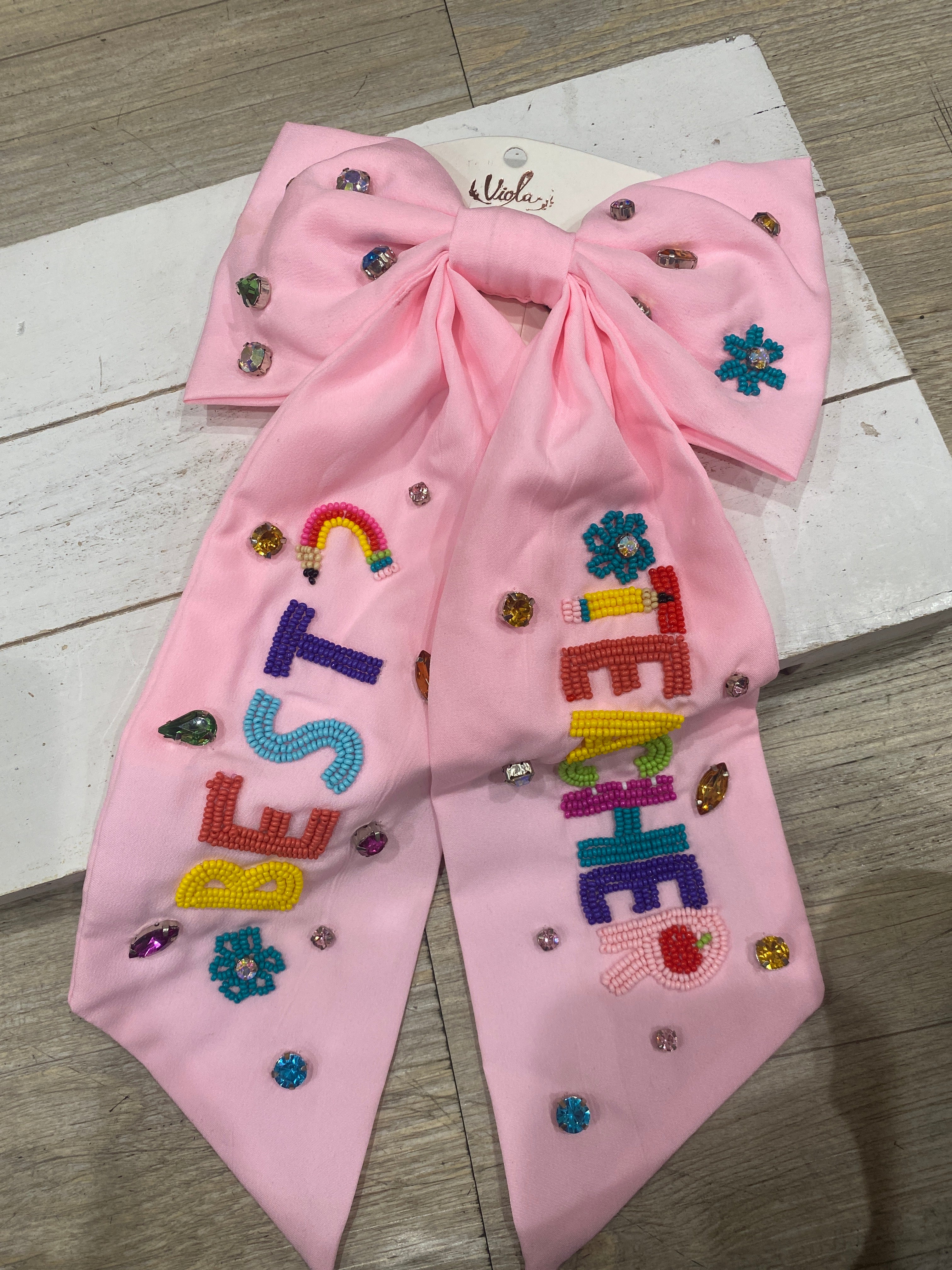 PINK BEST TEACHER HAIR BOW