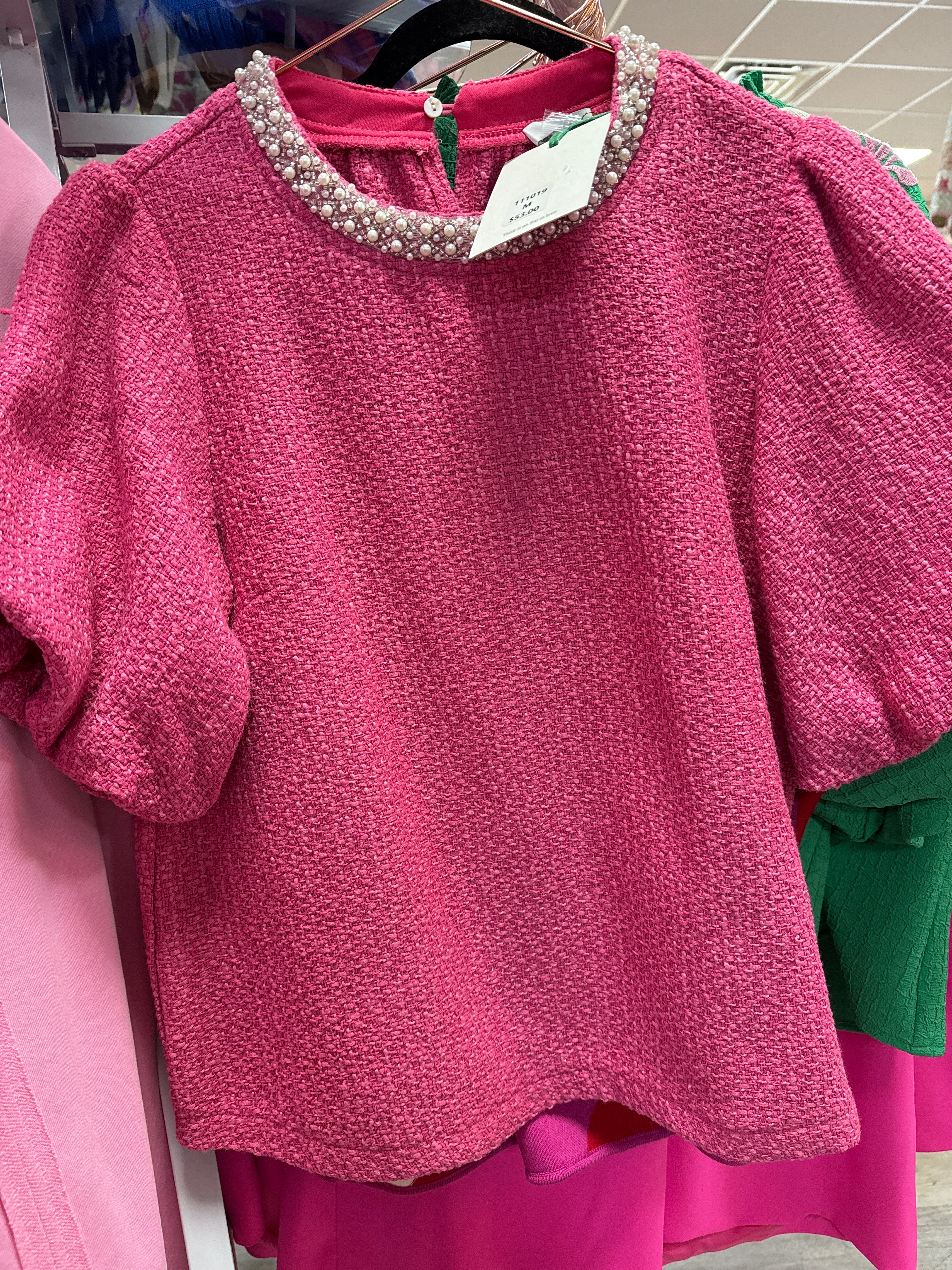 PEARL TRIM NECK BUBBLE SLEEVE TWEED TOP - PINK