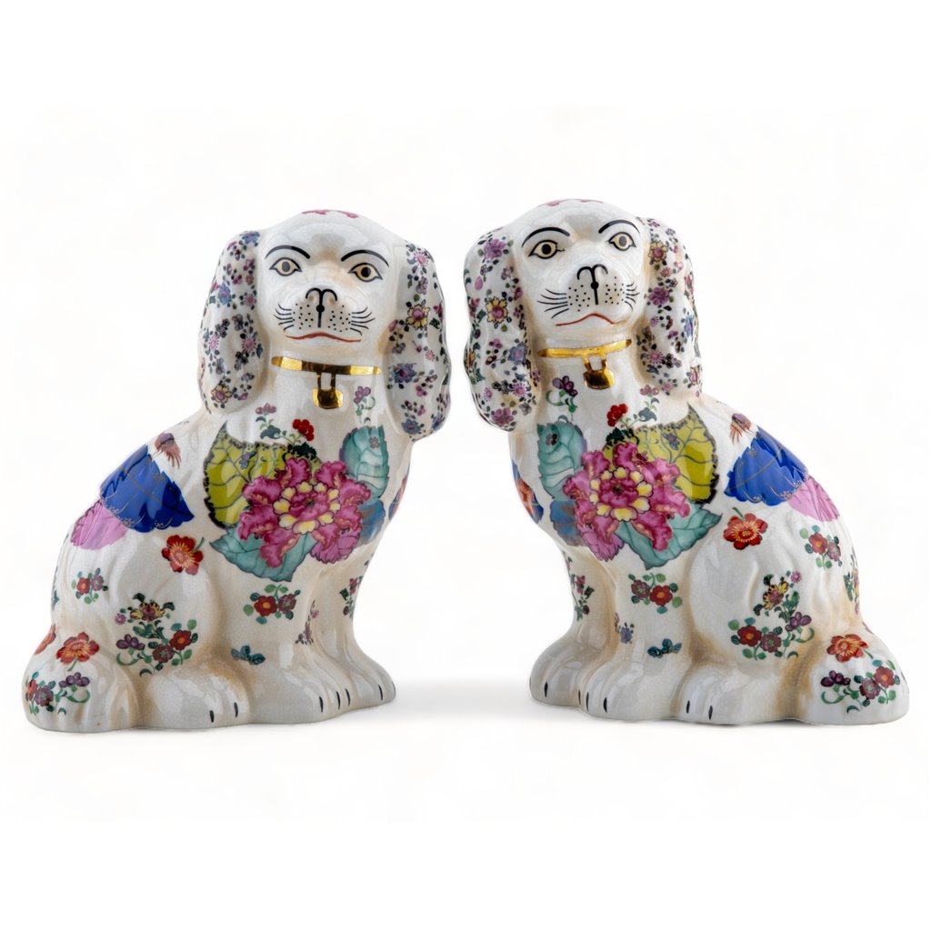 PINK & BLUE STAFFORDSHIRE DOGS SET OF 2 -TOBACCO LEAF PATTERN