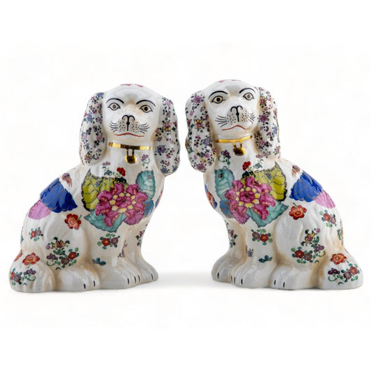 PINK & BLUE STAFFORDSHIRE DOGS SET OF 2 -TOBACCO LEAF PATTERN
