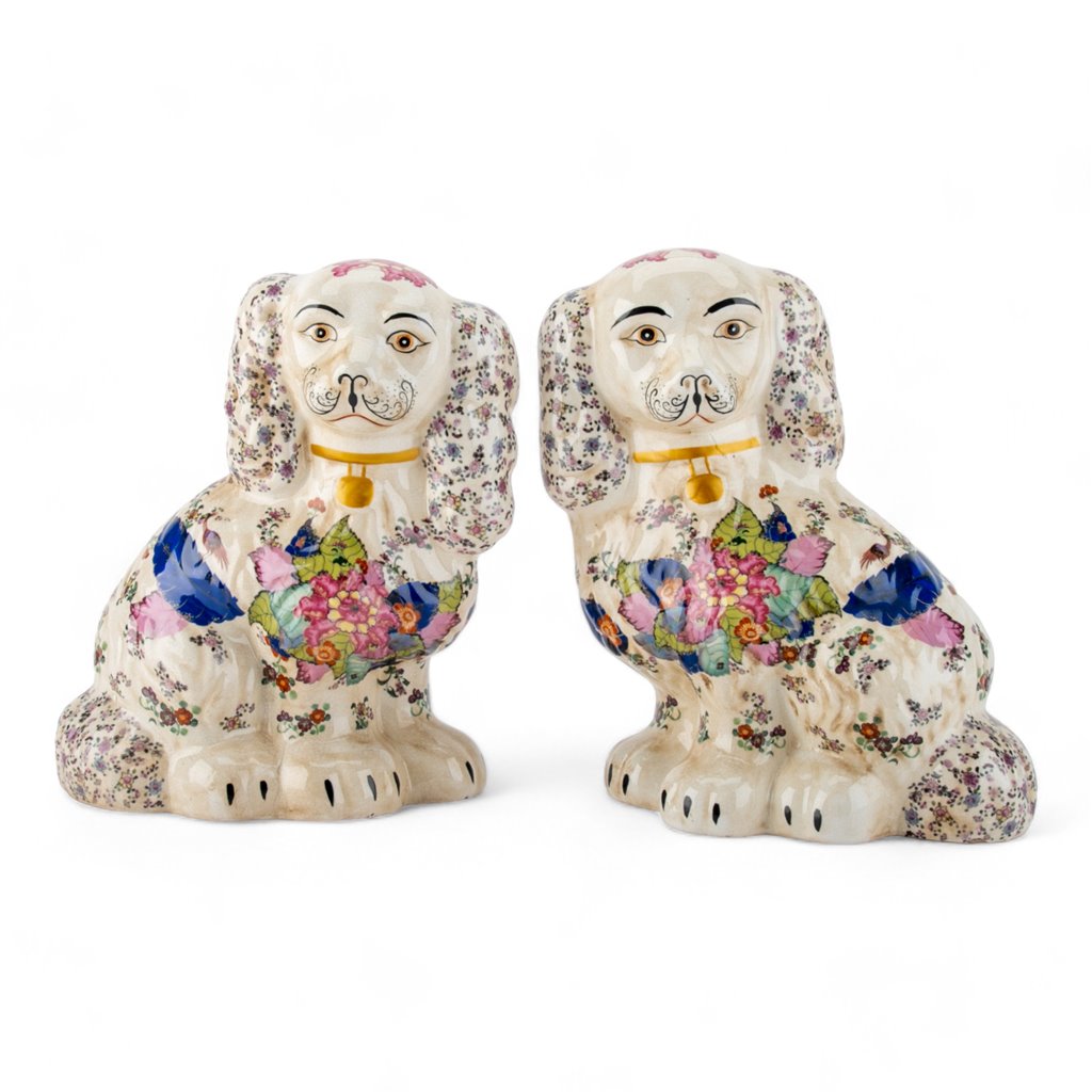 PINK & BLUE TOBACCO LEAF PATTERN STAFFORDSHIRE DOGS SET OF 2