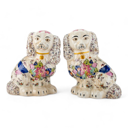 PINK & BLUE TOBACCO LEAF PATTERN STAFFORDSHIRE DOGS SET OF 2