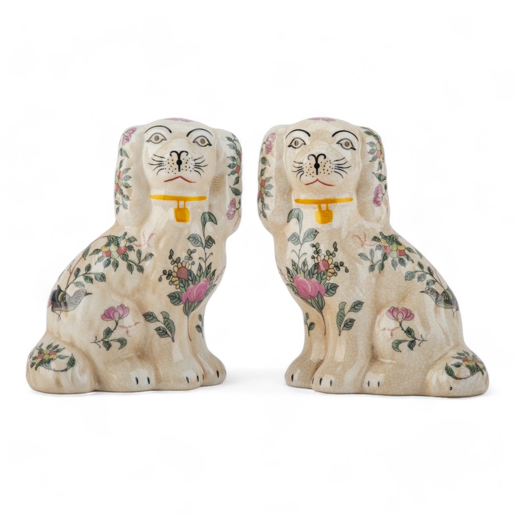 ROSE MEDALLION PATTERN STAFFORDSHIRE DOGS SET OF 2