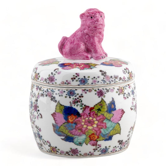 FOO DOG LIDDED JAR - TOBACCO LEAF PATTERN