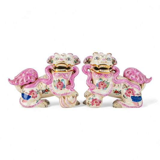 PINK TOBACCO LEAF PATTERN LUCKY FOO DOGS SET OF 2