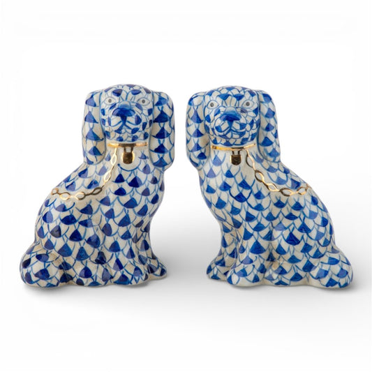 SMALL BLUE FISHNET STAFFORDSHIRE DOGS SET OF 2