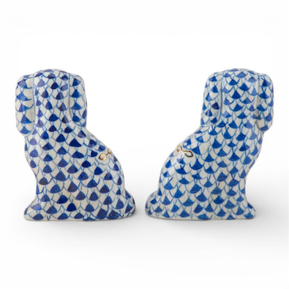 SMALL BLUE FISHNET STAFFORDSHIRE DOGS SET OF 2