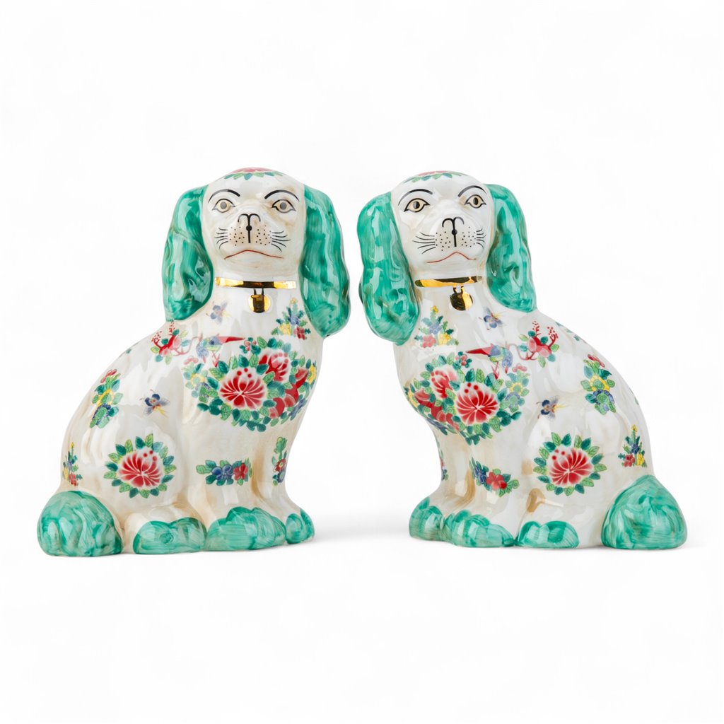 GREEN ROSE MEDALLION PATTERN STAFFORDSHIRE DOGS SET OF 2