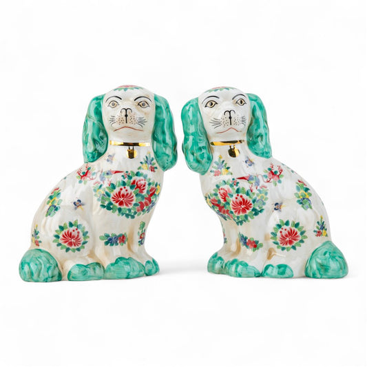 GREEN ROSE MEDALLION PATTERN STAFFORDSHIRE DOGS SET OF 2