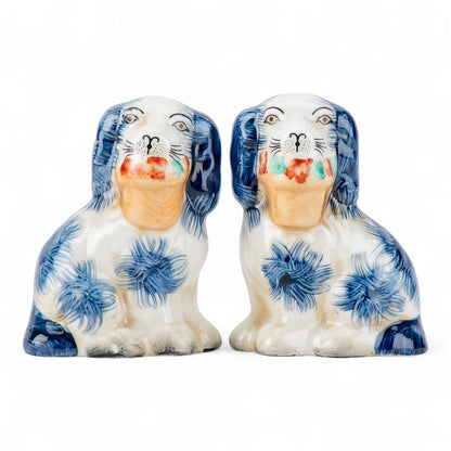 SMALL BLUE STAFFORDSHIRE DOGS WITH BASKET SET OF 2