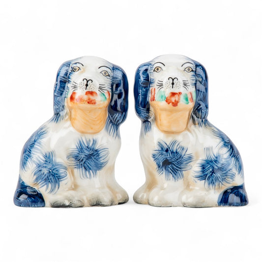 SMALL BLUE STAFFORDSHIRE DOGS WITH BASKET SET OF 2