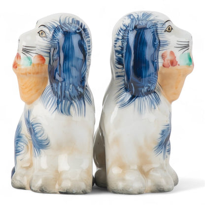 SMALL BLUE STAFFORDSHIRE DOGS WITH BASKET SET OF 2