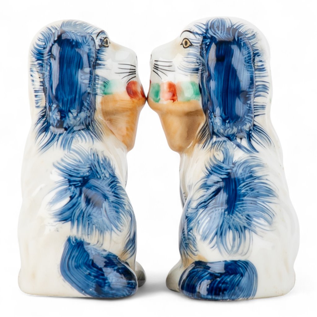 SMALL BLUE STAFFORDSHIRE DOGS WITH BASKET SET OF 2