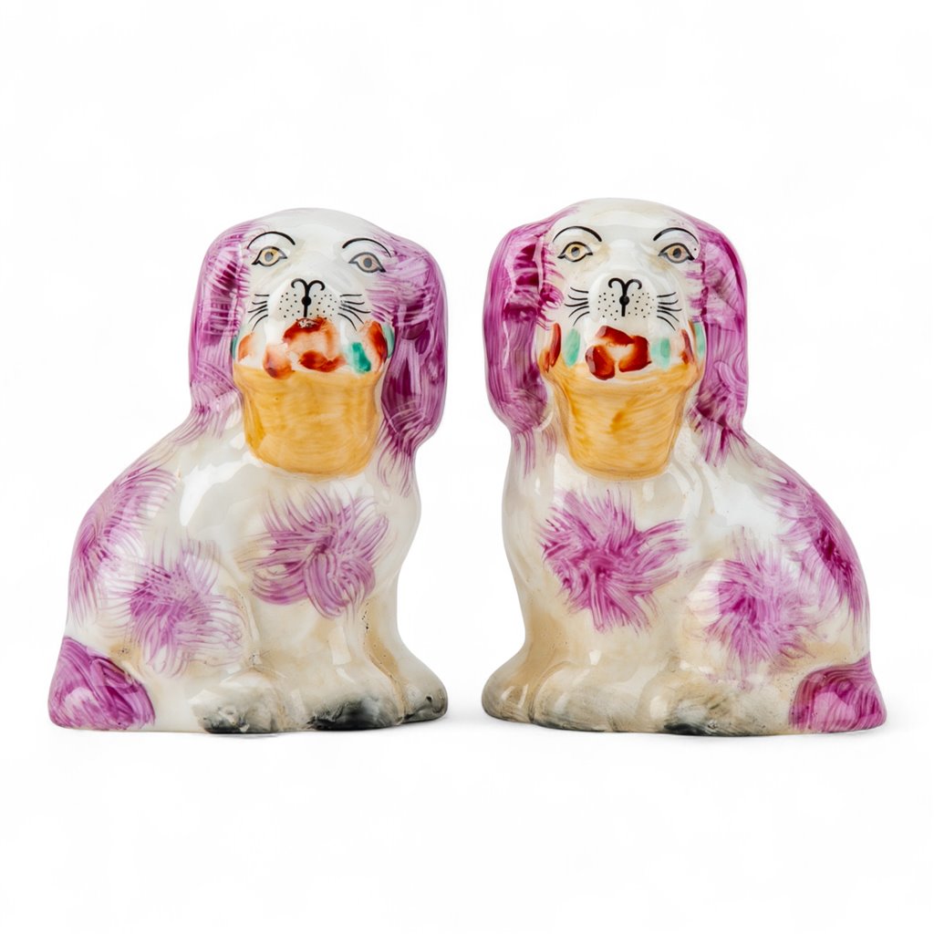 SMALL PINK STAFFORDSHIRE DOG WITH BASKET SET OF 2