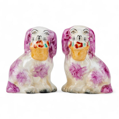 SMALL PINK STAFFORDSHIRE DOG WITH BASKET SET OF 2