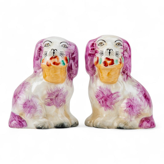 SMALL PINK STAFFORDSHIRE DOG WITH BASKET SET OF 2