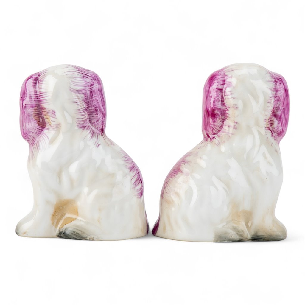 SMALL PINK STAFFORDSHIRE DOG WITH BASKET SET OF 2