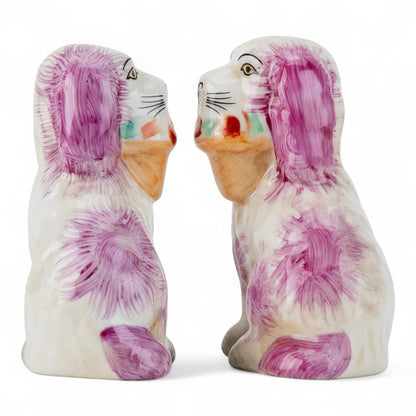 SMALL PINK STAFFORDSHIRE DOG WITH BASKET SET OF 2