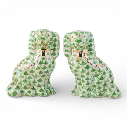 GREEN FISHNET PATTERN STAFFORDSHIRE DOGS SET OF 2