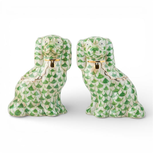 GREEN FISHNET PATTERN STAFFORDSHIRE DOGS SET OF 2