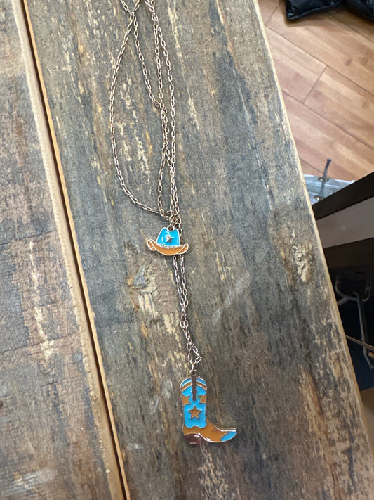 COWBOY HAT AND BOOT NECKLACE GOLD - BLUE/BROWN